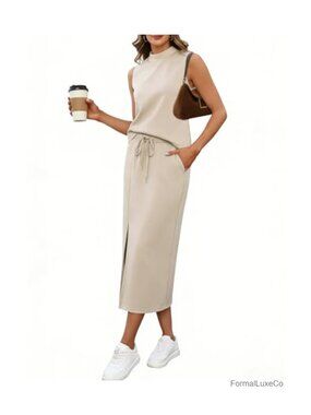 Women's Sleeveless Mock Neck Top and Midi Skirt Set with Pockets